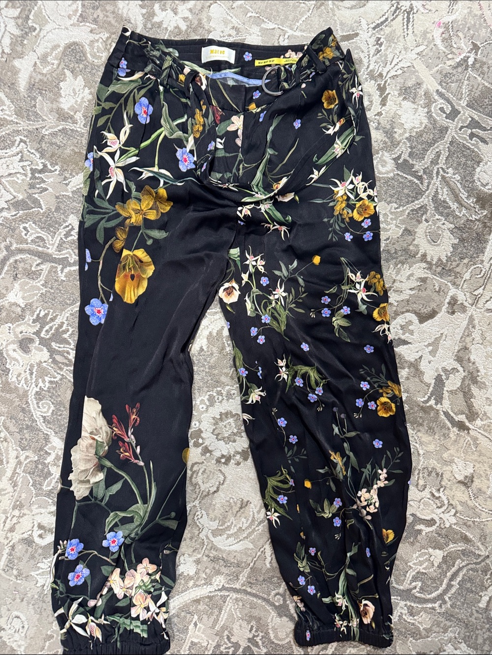 Maeve by Anthropology Floral Black Drawstring Jogger Pants size 0